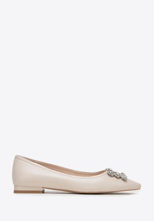 Leather ballerina shoes with crystal buckle, light beige, 98-D-956-9-38, Photo 1