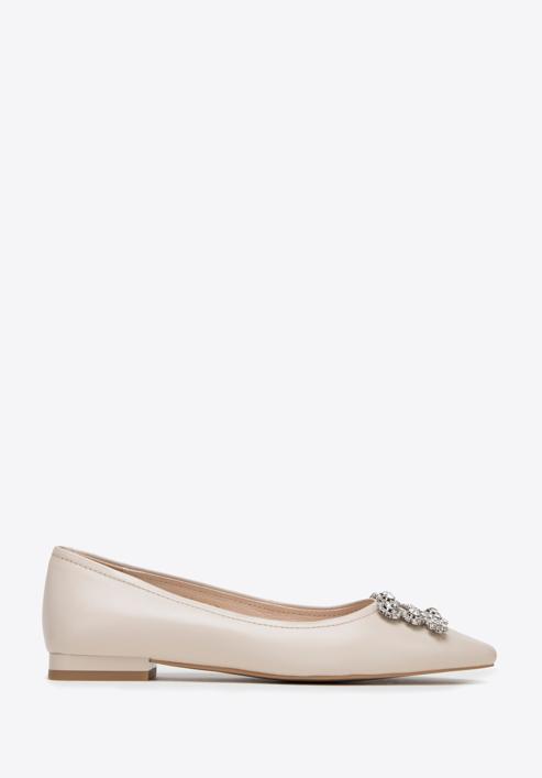 Leather ballerina shoes with crystal buckle, light beige, 98-D-956-1-38, Photo 1