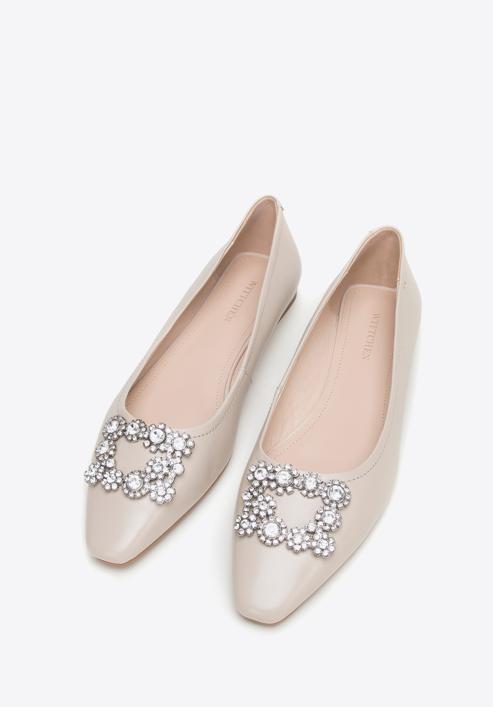 Leather ballerina shoes with crystal buckle, light beige, 98-D-956-1-35, Photo 2