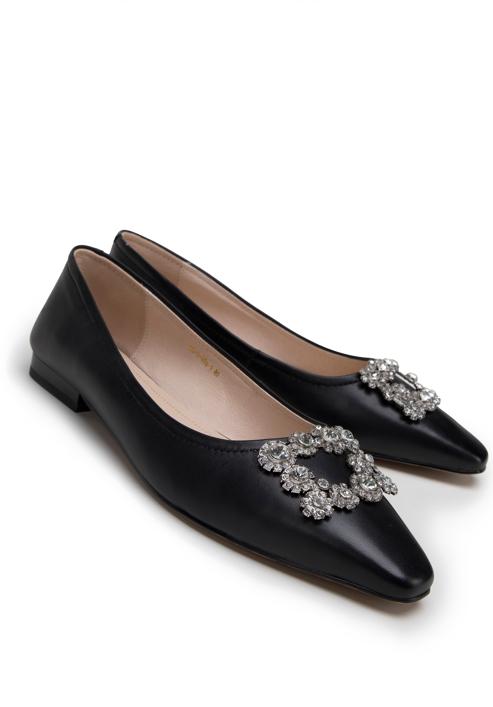 Leather ballerina shoes with crystal buckle, black, 98-D-956-9-36, Photo 4