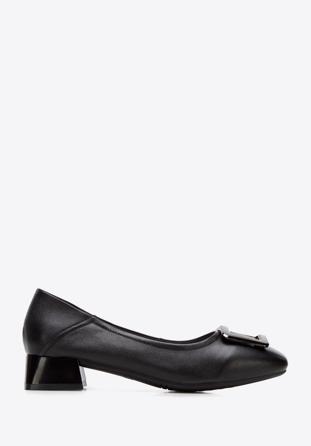 Leather ballerina shoes with decorative buckle detail, black-graphite, 94-D-950-1B-37, Photo 1