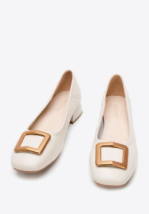 Leather ballerina shoes with decorative buckle detail, light beige, 94-D-950-P-37, Photo 2