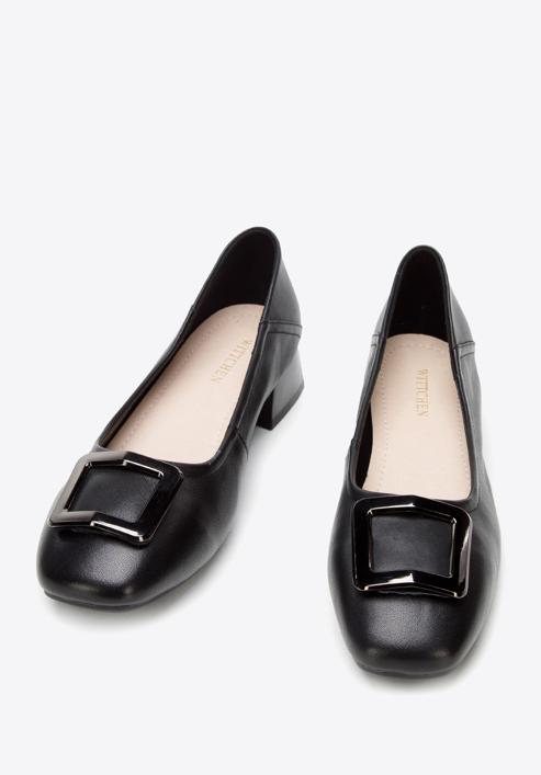 Leather ballerina shoes with decorative buckle detail, black-graphite, 94-D-950-1G-36, Photo 2