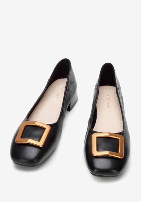 Leather ballerina shoes with decorative buckle detail, black-gold, 94-D-950-1B-37, Photo 2