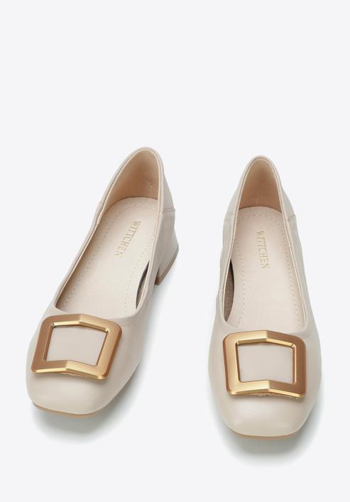Leather ballerina shoes with decorative buckle detail, beige, 94-D-950-1G-37, Photo 2