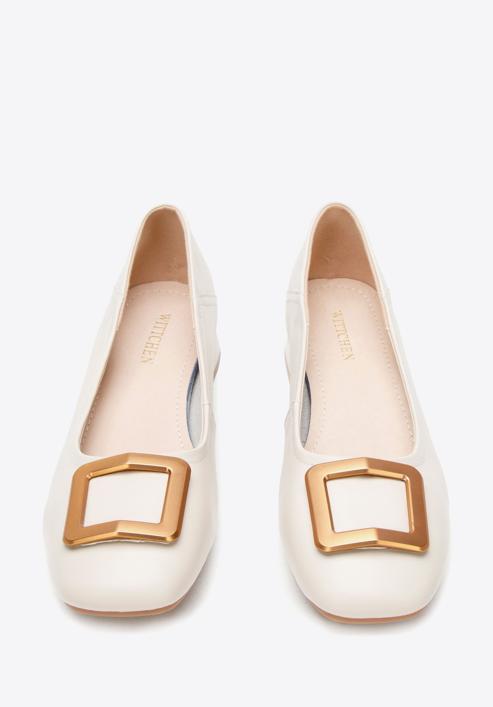 Leather ballerina shoes with decorative buckle detail, light beige, 94-D-950-P-37, Photo 3
