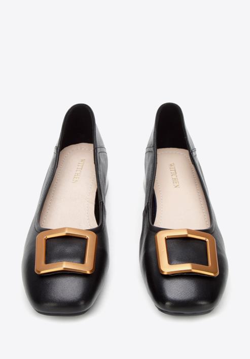 Leather ballerina shoes with decorative buckle detail, black-gold, 94-D-950-1G-36, Photo 3