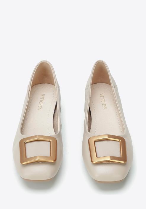 Leather ballerina shoes with decorative buckle detail, beige, 94-D-950-0-37, Photo 3