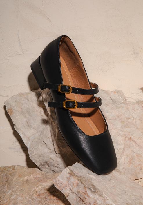 Classic leather double strap ballerina shoes, black, 98-D-963-1-37, Photo 30