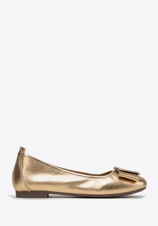 Soft leather ballerina shoes with geometric buckle detail, gold, 98-D-957-G-35, Photo 1