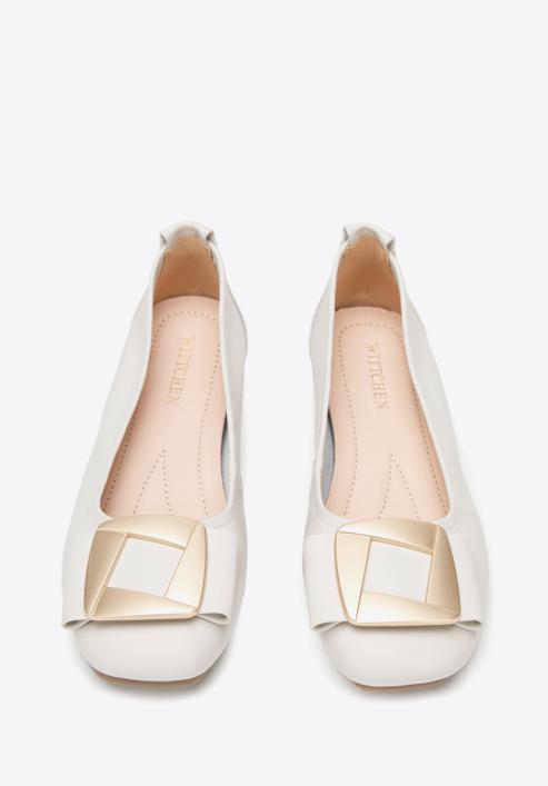 Leather ballerina shoes with decorative buckle detail, light beige, 94-D-951-1-35, Photo 3