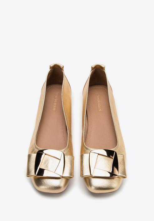 Soft leather ballerina shoes with geometric buckle detail, gold, 98-D-957-1-38, Photo 3