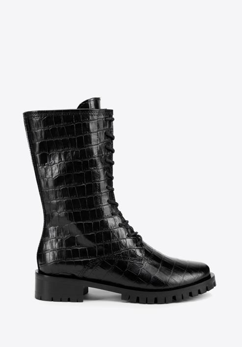 Croc-embossed leather combat boots, black, 93-D-805-1-36, Photo 1