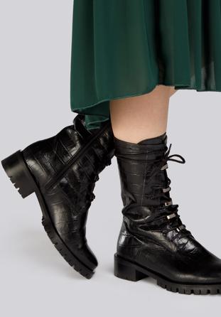 Croc-embossed leather combat boots, black, 93-D-805-1-41, Photo 1