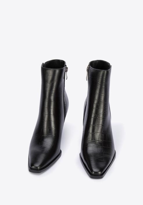 Croc-embossed leather ankle boots, black, 95-D-506-3-37, Photo 2