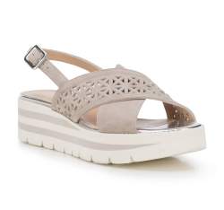 Damskie sandały zamszowe z ażurowym paskiem, szaro-biały, 88-D-110-9-39_5, Zdjęcie 1