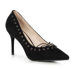 Lace detail suede stiletto heel shoes, black, 90-D-902-1-35, Photo 1