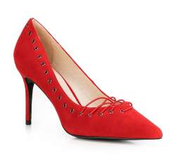 Lace detail suede stiletto heel shoes, red, 90-D-902-3-35, Photo 1