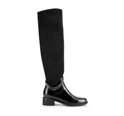 Leather knee high boots with chain detail, black, 93-D-504-1-35, Photo 1