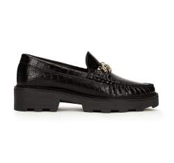 Women's leather moccasins with chain strap, black-gold, 93-D-531-1-40, Photo 1