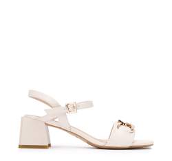 Leather block heel sandals with chain detail, cream, 94-D-510-0-38, Photo 1