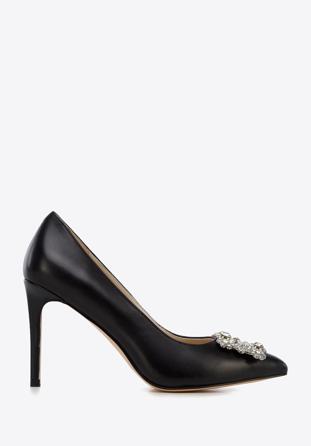 Leather stiletto heel shoes with gleaming buckle detail