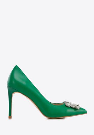 Leather stiletto heel shoes with gleaming buckle detail, green, 96-D-956-Z-38, Photo 1