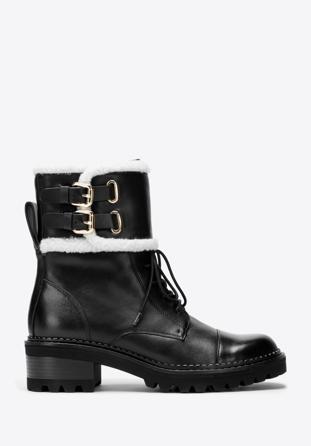 Women's faux fur-trim leather combat boots, black, 97-D-519-1-35, Photo 1