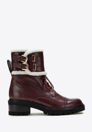 Women's faux fur-trim leather combat boots, plum, 97-D-519-3-36, Photo 1