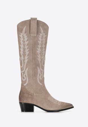 Women's embroidered suede tall cowboy boots, beige, 97-D-852-9-35, Photo 1