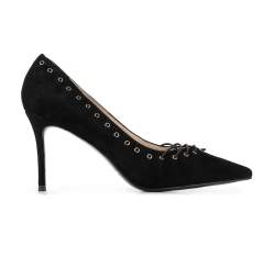 Lace detail suede stiletto heel shoes, black, 90-D-902-1-39, Photo 1