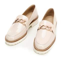 Patent leather moccasins with chain detail, beige, 92-D-105-8-38, Photo 1