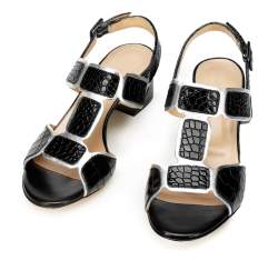 Damskie sandały ze skóry croco na słupku, czarno - srebrny, 92-D-107-1-37_5, Zdjęcie 1