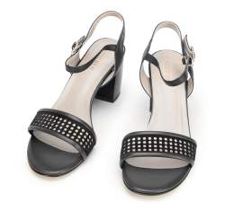 Damskie sandały zamszowe na słupku ażurowe, czarny, 92-D-959-1-39, Zdjęcie 1