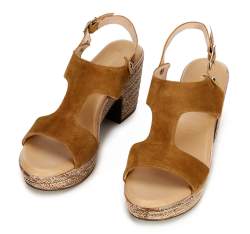 Damskie sandały z nubuku na koturnie, camelowy, 92-D-961-4-38, Zdjęcie 1