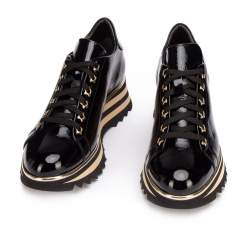 Damskie sneakersy skórzane z lampasami na podeszwie, czarno-złoty, 93-D-108-1-37, Zdjęcie 1