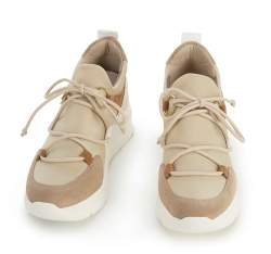 Damskie sneakersy z elastycznej tkaniny na koturnie, beżowo-biały, 95-D-657-9-35, Zdjęcie 1
