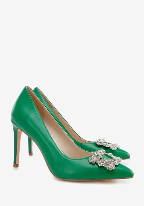 Leather stiletto heel shoes with gleaming buckle detail, green, 96-D-956-1-37, Photo 2