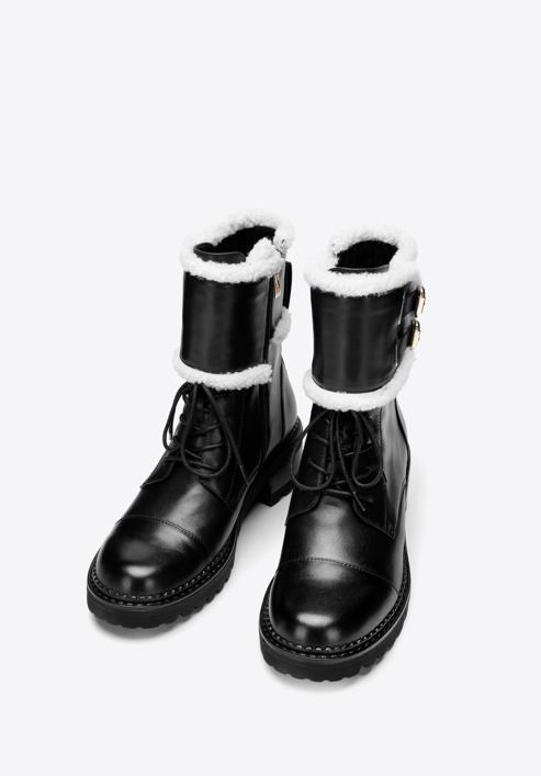 Women's faux fur-trim leather combat boots, black, 97-D-519-3-39, Photo 2