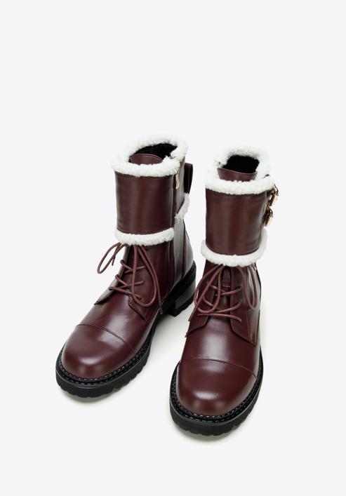 Women's faux fur-trim leather combat boots, plum, 97-D-519-1-40, Photo 2