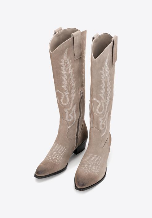 Women's embroidered suede tall cowboy boots, beige, 97-D-852-5-40, Photo 2