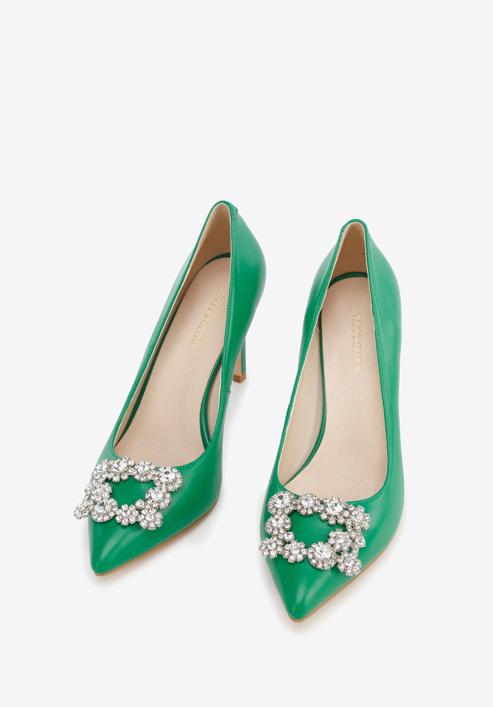 Leather stiletto heel shoes with gleaming buckle detail, green, 96-D-956-1-37, Photo 3