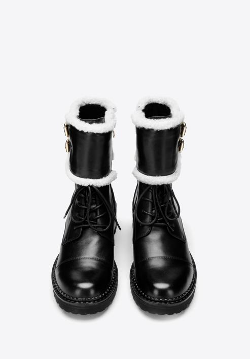Women's faux fur-trim leather combat boots, black, 97-D-519-3-40, Photo 3