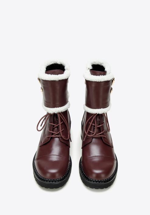 Women's faux fur-trim leather combat boots, plum, 97-D-519-3-38, Photo 3