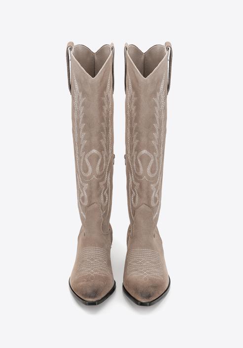 Women's embroidered suede tall cowboy boots, beige, 97-D-852-5-37, Photo 3