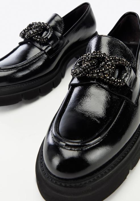 Women's leather moccasins with a crystal chain, black, 97-D-106-3-41, Photo 7