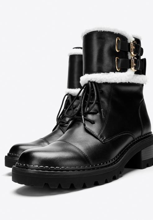 Women's faux fur-trim leather combat boots, black, 97-D-519-1-36, Photo 7