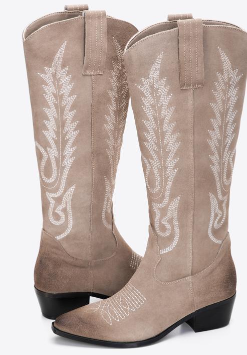 Women's embroidered suede tall cowboy boots, beige, 97-D-852-5-38, Photo 7