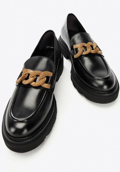 Women's leather platform moccasins with a decorative chain strap, black, 97-D-105-4-35, Photo 8