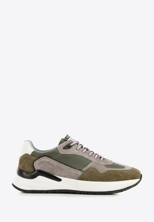 Men's leather trainers with suede detail, green - gray, 96-M-950-8-41, Photo 1